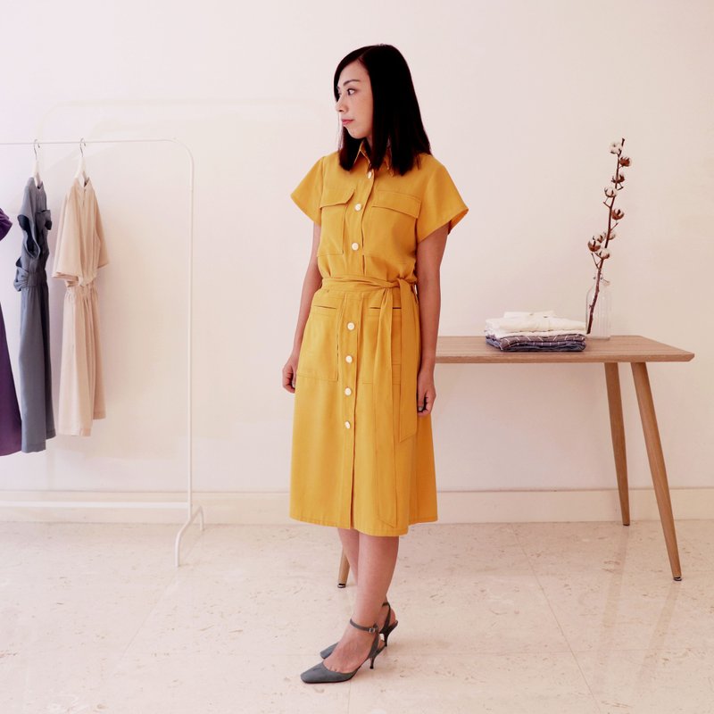 【換季特賣】女装 黄色仿恤衫连腰带 衬衣裙 连衣裙 - 洋装/连衣裙 - 其他材质 黄色