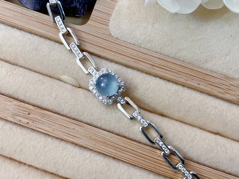 925银 天然玻璃种蓝水 A货瓜料 翡翠  手链 - 手链/手环 - 纯银 蓝色