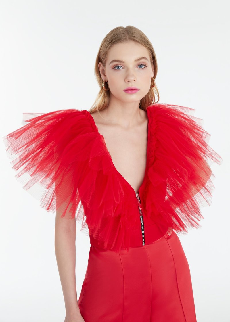 Anna Red ruffles tulle blouse for cocktail party dress - 女装上衣 - 聚酯纤维 红色