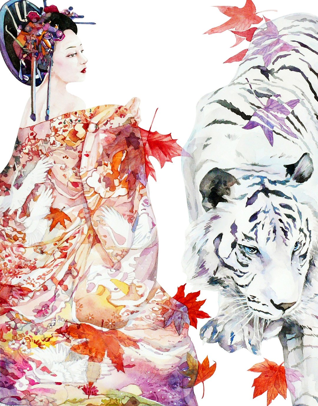 寂静虎吟-虎式绘-流年-原作水彩艺术画/艺术挂画/浮世绘/居家装饰 - 海报/装饰画/版画 - 纸 粉红色