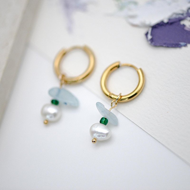 优雅海蓝宝天然珍珠耳环 - 耳环/耳夹 - 珍珠 白色