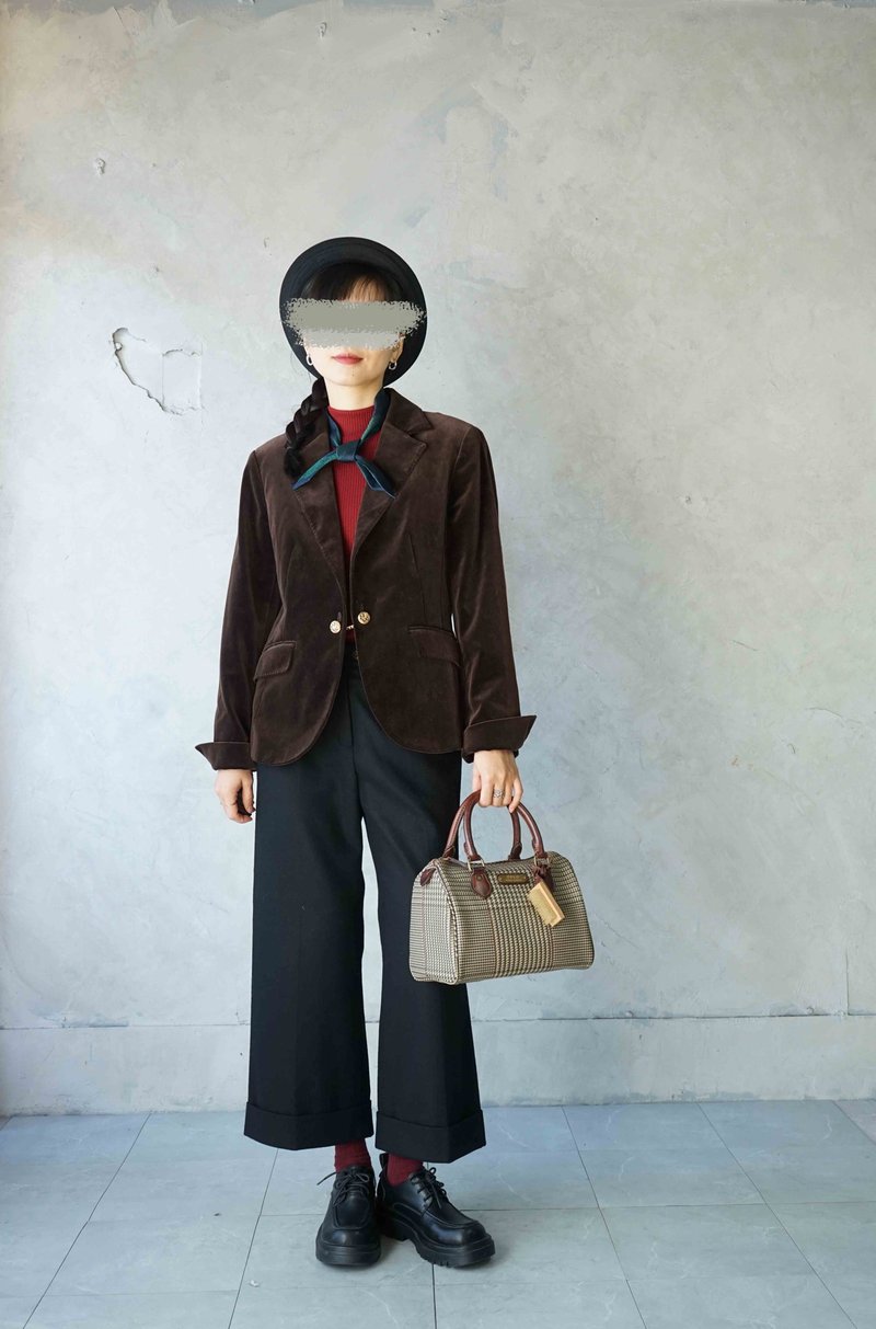 寻宝古着-茶色绒面金扣西装外套 - 女装西装外套/风衣 - 羊毛 咖啡色