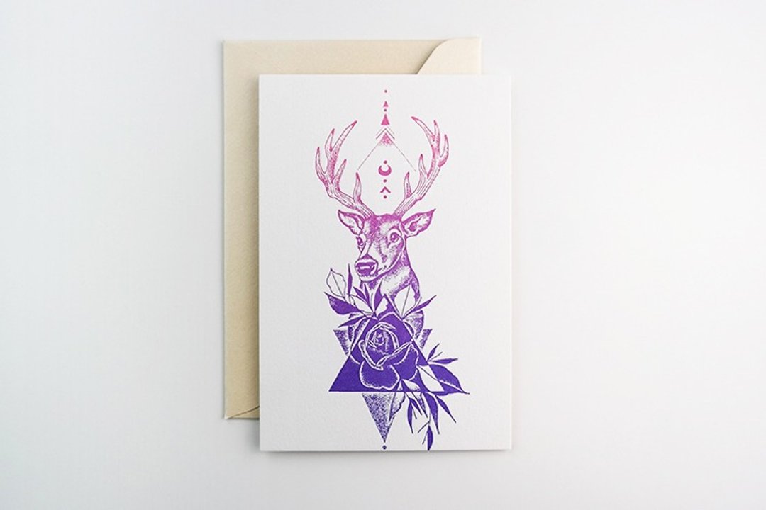 手繪麋鹿圖案贺卡/紋身圖案，紋身師插畫家作品/letterpress活版印刷，渐層 - 卡片/明信片 - 纸 多色
