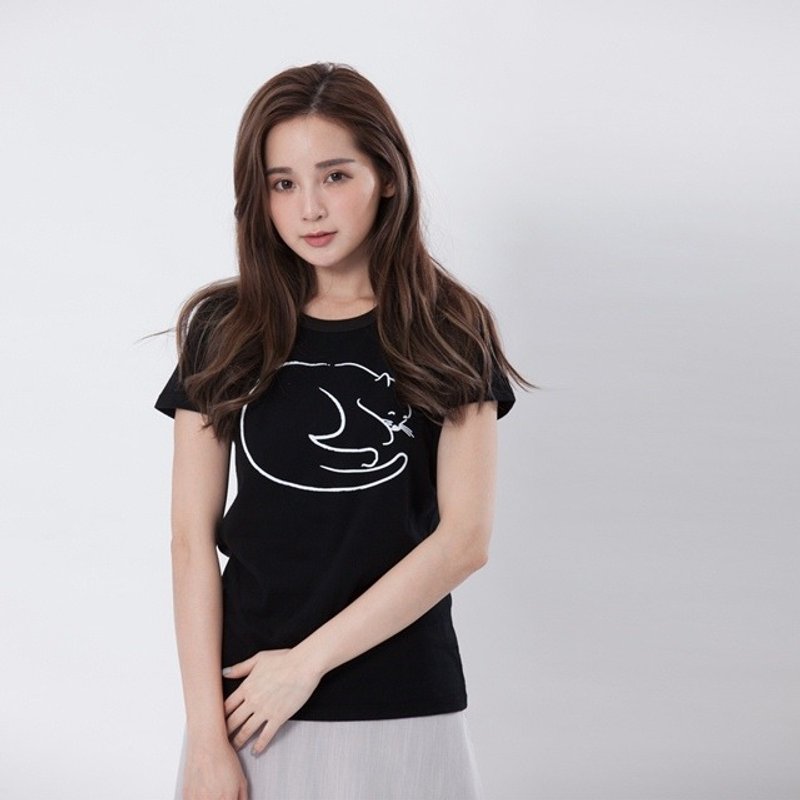 猫咪爱睡觉 蜜桃棉 女T 黑色 - 女装 T 恤 - 棉．麻 黑色
