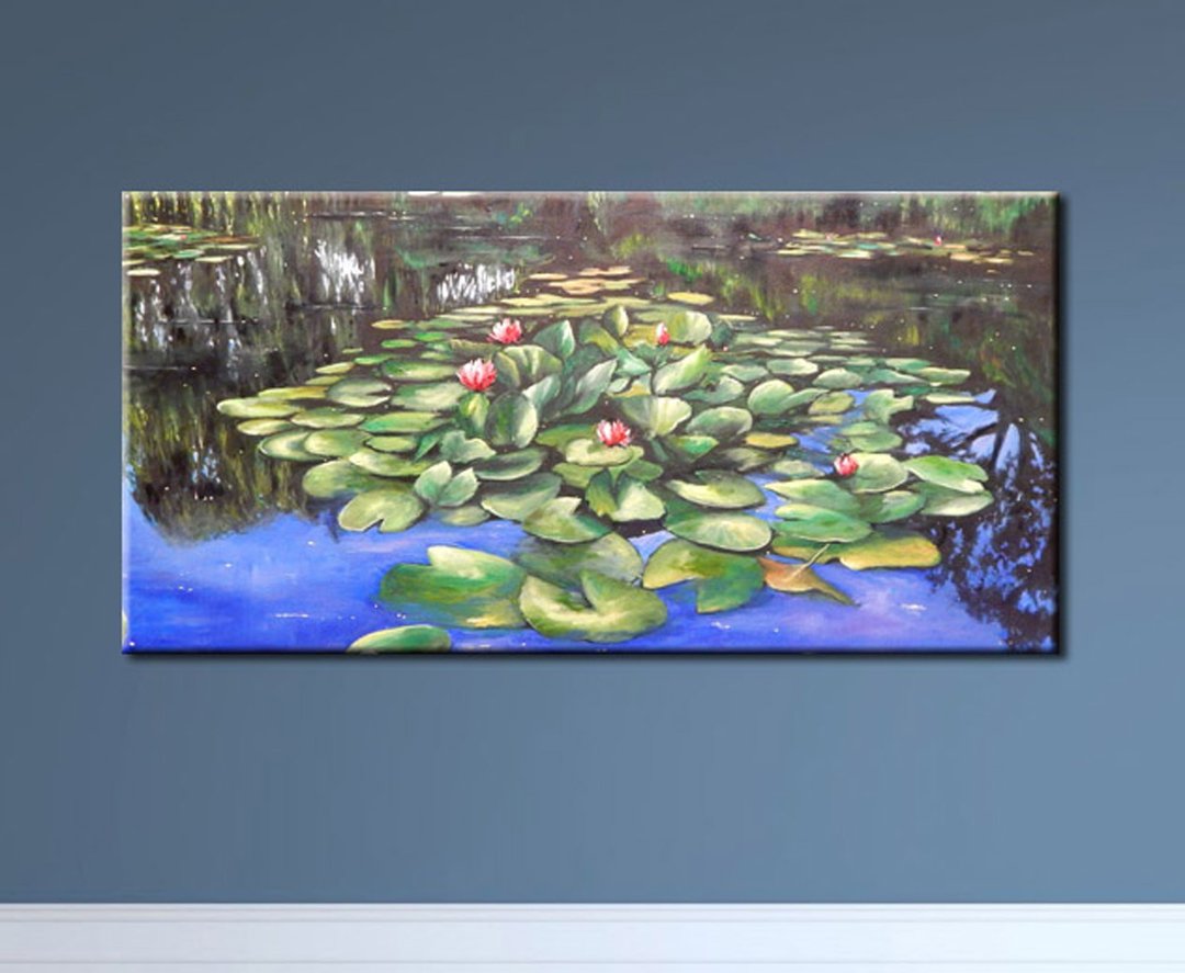 画布上的原画, 莲花, 风景挂画, 空间装饰, 挂画, 手工油画, 睡莲 - 海报/装饰画/版画 - 其他材质 蓝色