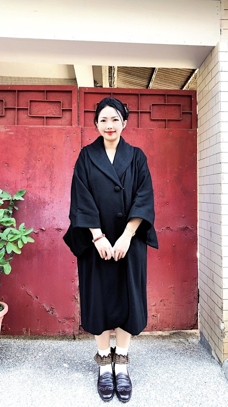 暗夜纯黑香代子姑娘中磅微厚 古着订制羊毛混羊绒和服长外套大衣 - 女装休闲/机能外套 - 羊毛 黑色