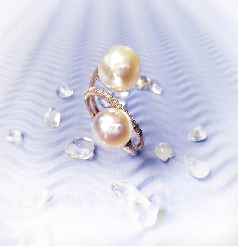 天然养殖珍珠 日本纯 18K 白金 微镶钻石 - 戒指 - 宝石 