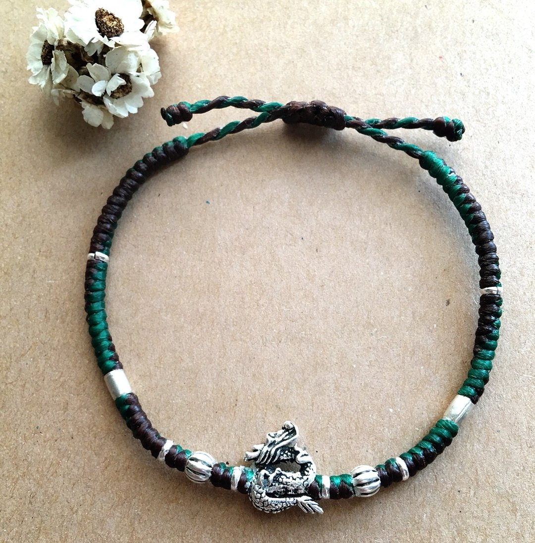~米+熊~龙龙龙 /蚕丝蜡线/纯银/ 编织手链 / 925 silver bracelet - 手链/手环 - 纸 绿色