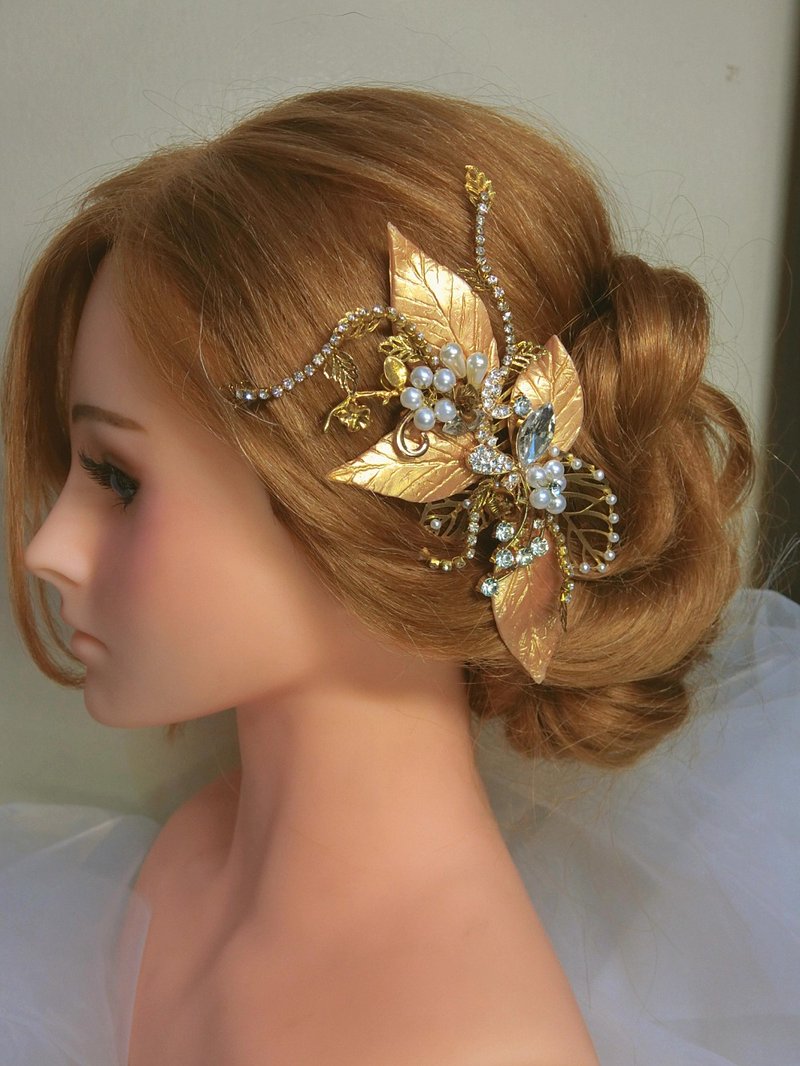 复古铜色叶子手作新娘头饰 - 发饰 - 宝石 金色