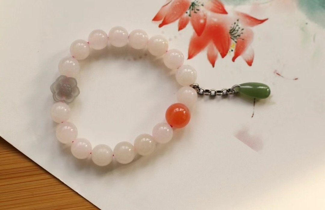 9mm天然和阗玉/和田玉-青海藕粉玉 烟紫玉花南红珠碧玉水滴单圈手 - 手链/手环 - 宝石 粉红色