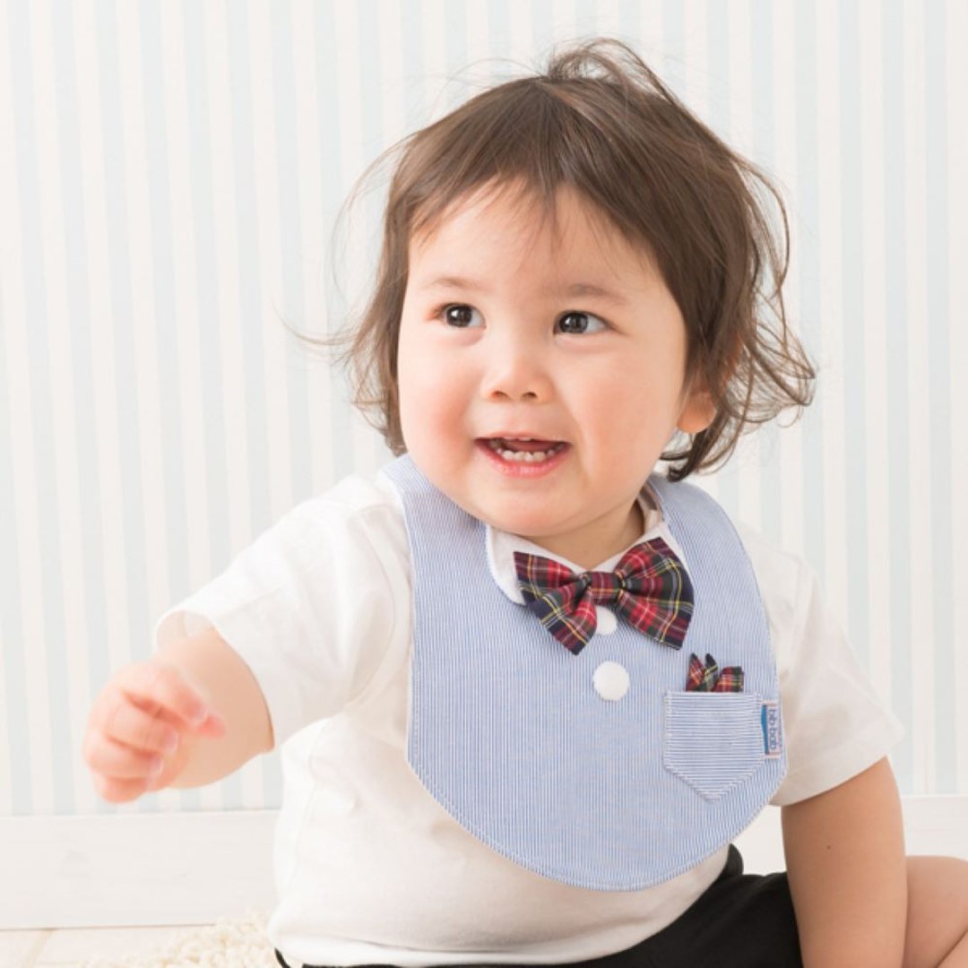 Boy's formal bib  (Blue×Red and Navy Blue Tartan - 围嘴/口水巾 - 棉 蓝色