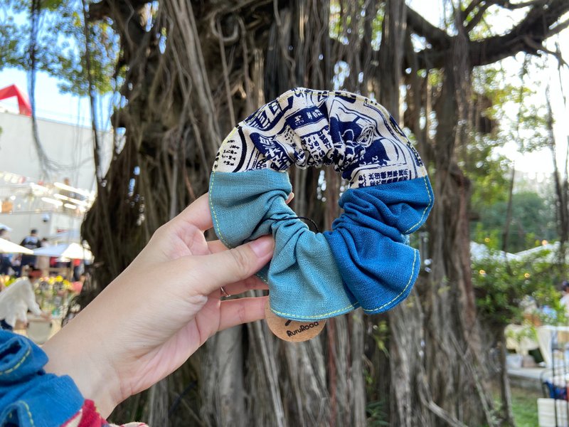 三拼荷叶发圈 / 甜甜圈发圈 / 白报纸 - 蓝湖蓝 - 发饰 - 棉．麻 蓝色