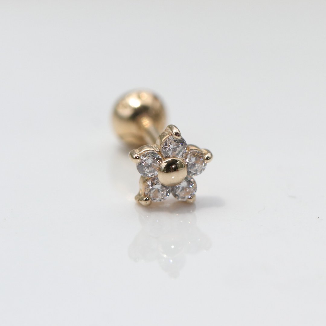 14K CZ Star Piercing 星星钻锁珠耳环(单个)耳骨 耳窝 不退色 - 耳环/耳夹 - 贵金属 金色
