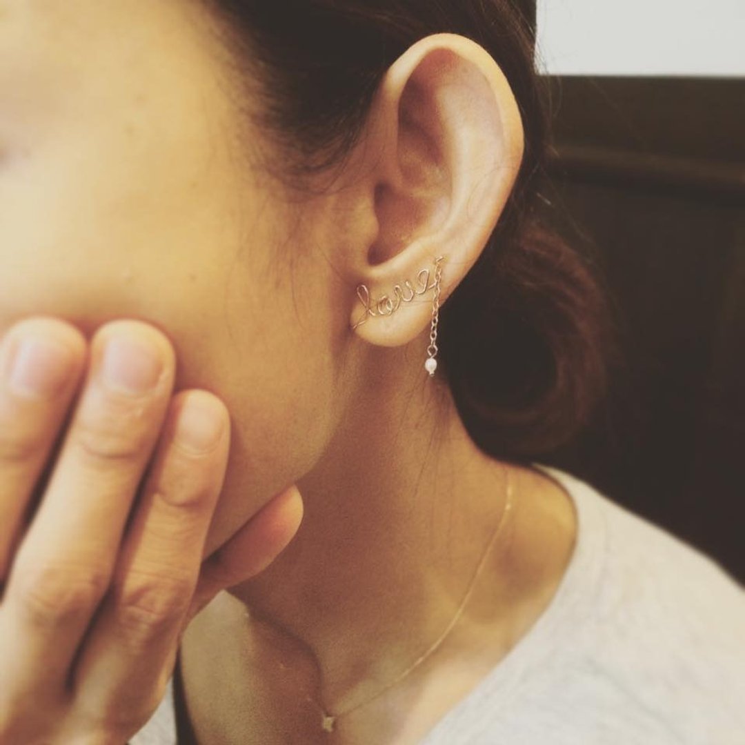 Ear clip-Freshwater pearl and 14KGF message Clip-On-LoveEC01 - 耳环/耳夹 - 其他金属 金色