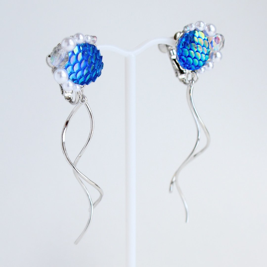 Mermaid Clip-On Mermaid Scale Earrings Blue Collar - 耳环/耳夹 - 压克力 蓝色