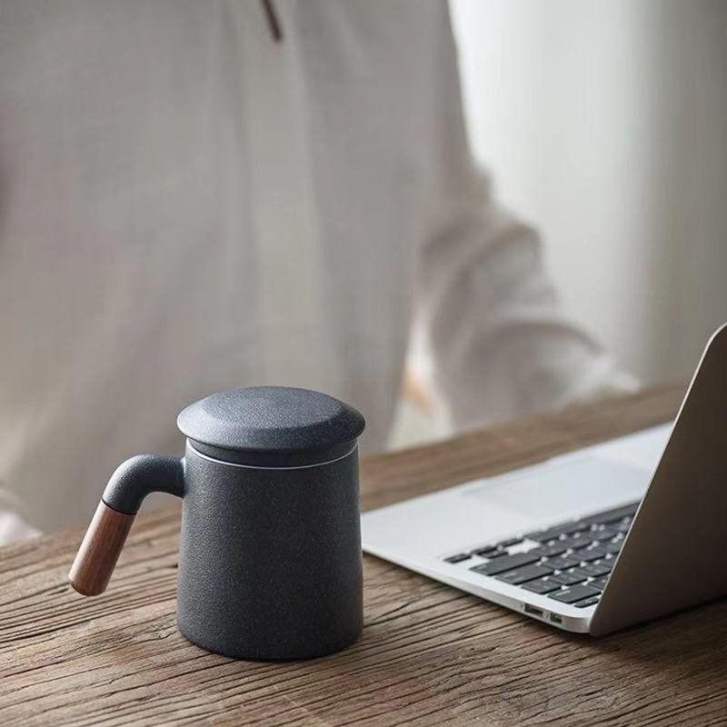 闻说|木语乌金釉粗陶马克杯 办公室带盖木把水杯茶杯 - 其他杯子 - 陶 