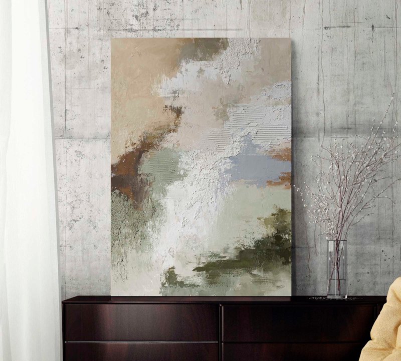 抽象米色灰绿色帆布画 | 米色抽象 | Biege Fjord - 墙贴/壁贴 - 棉．麻 绿色