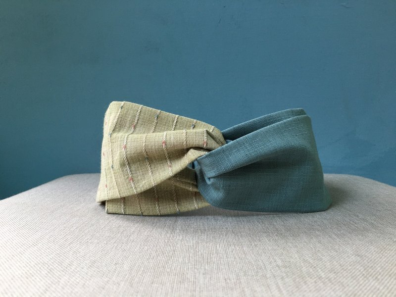 双拼发带 / 湖水蓝绿线 / 先染布 / 限量 - 发带/发箍 - 棉．麻 绿色