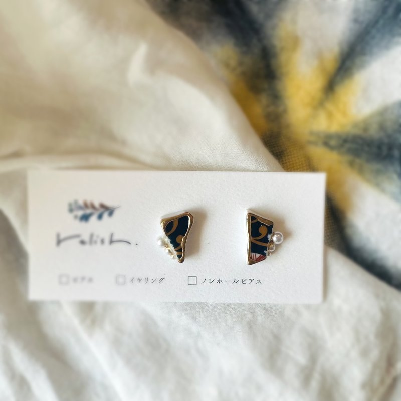 【再贩】有田烧 珍珠 金继 耳环 无耳洞耳环 简约 金色 金 陶片 陶瓷 礼物 黄色 红色 蓝色 - 耳环/耳夹 - 陶 蓝色