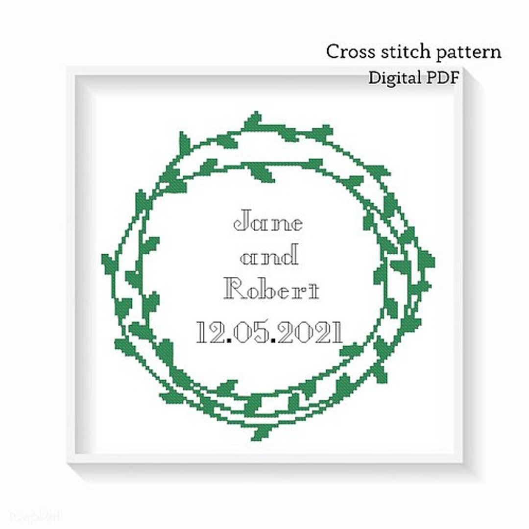 Personalized Emerald Wreath with Leaves Cross Stitch Pattern Digital PDF Wedding - 手工艺教程/工具书 - 其他材质 