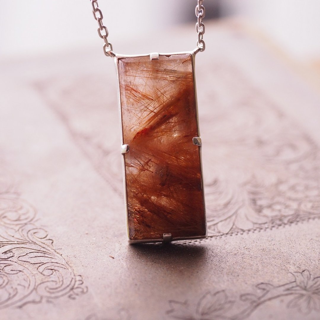 长型红铜钛晶 手工纯银项链 中性饰品 Rutilated quartz - 项链 - 水晶 金色