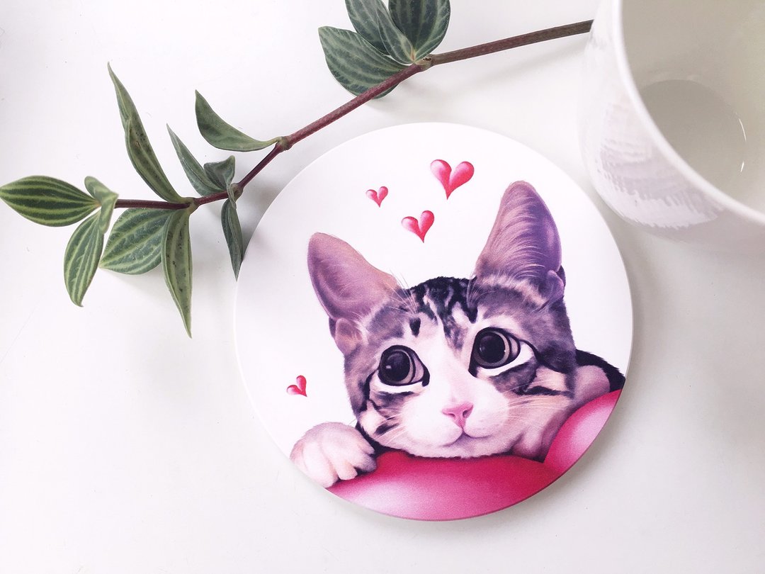 动物插画陶瓷吸水杯垫【恋爱猫】 - 杯垫 - 陶 白色