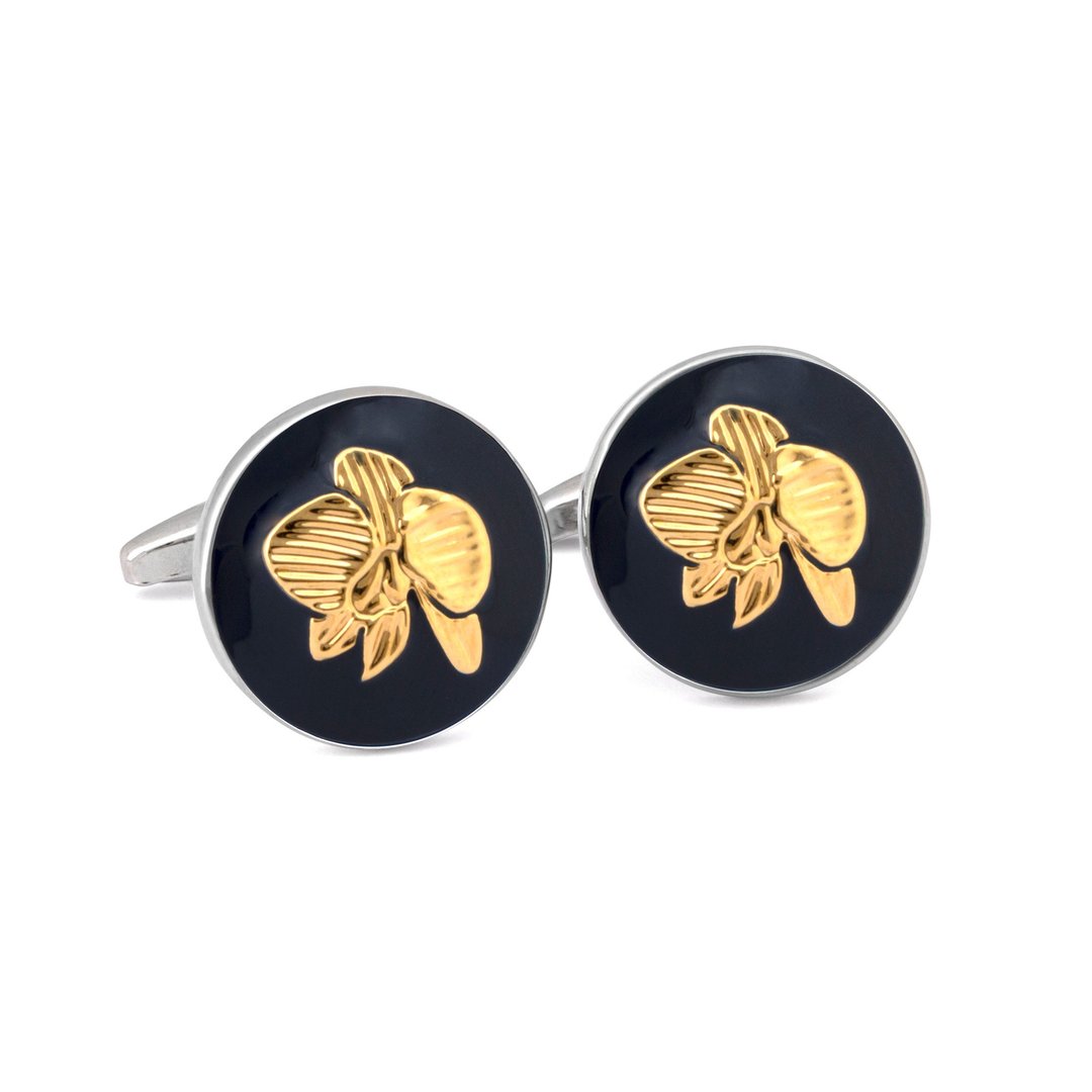 Round Cufflink with Gold Orchid Print - 袖扣 - 其他材质 金色