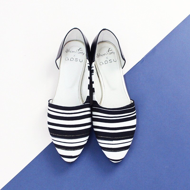 【24.0现货】黑白双簧管侧篓空包鞋/日本布料/M2-16002F - 女款休闲鞋 - 棉．麻 黑色