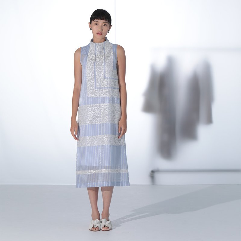 蓝条纹拼接蕾丝无袖洋装 - 洋装/连衣裙 - 其他材质 蓝色