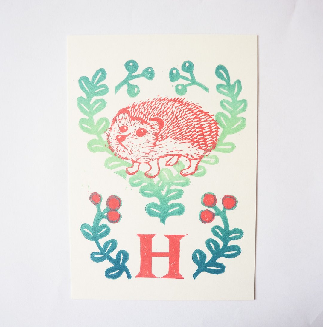 “H is for Hedgehog”手工版印明信片-刺猬 （abc字母明信片） - 卡片/明信片 - 纸 红色
