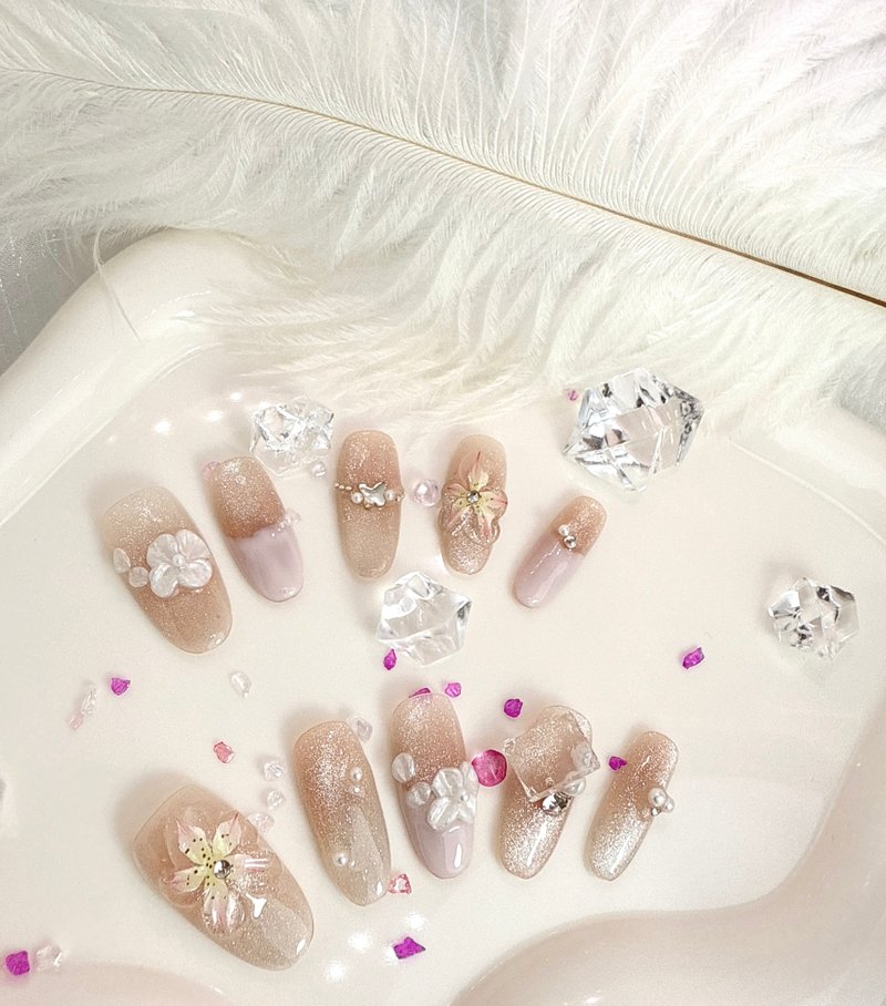 【TING】暖雾花语 - 奶茶猫眼立体花卉穿戴甲 S 码 - 其他 - 塑料 粉红色