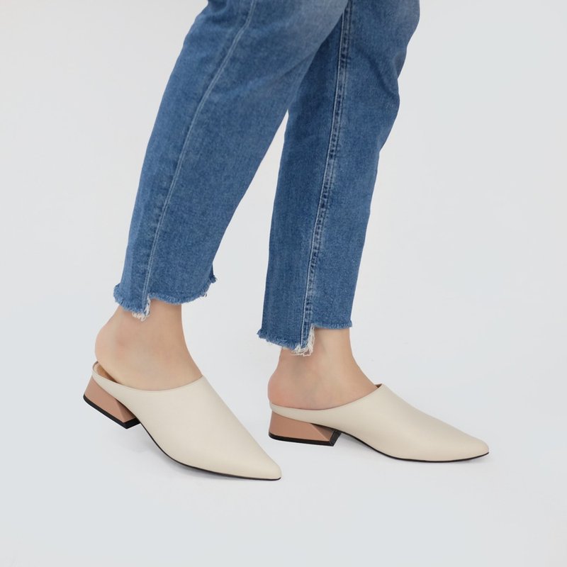 微正式!简单纯色调尖头穆勒鞋 白粉 全真皮MIT-樱饼色 - 男女凉鞋 - 真皮 粉红色