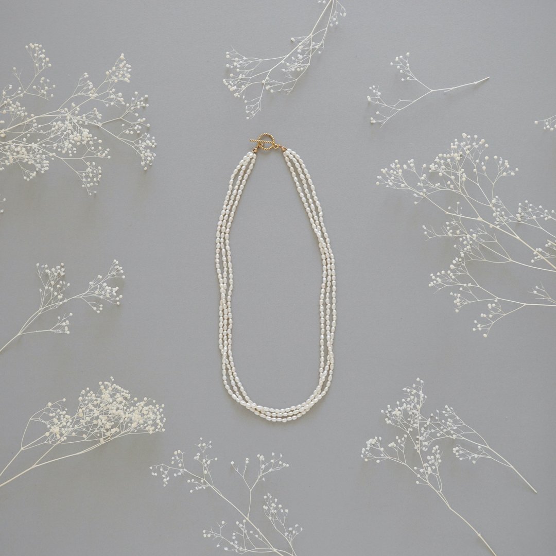 14kgf 3-line freshwater rice pearl necklace - 项链 - 珍珠 白色