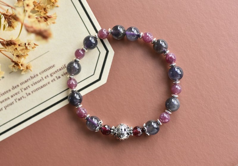 靛色堇青石+切面石榴石+锂云母+纯银花朵水晶手链 - 手链/手环 - 水晶 紫色