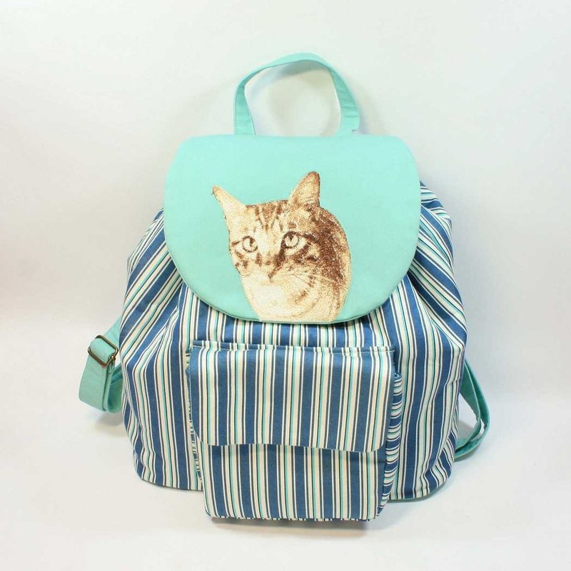 刺绣 背包01-猫 - 后背包/双肩包 - 棉．麻 蓝色