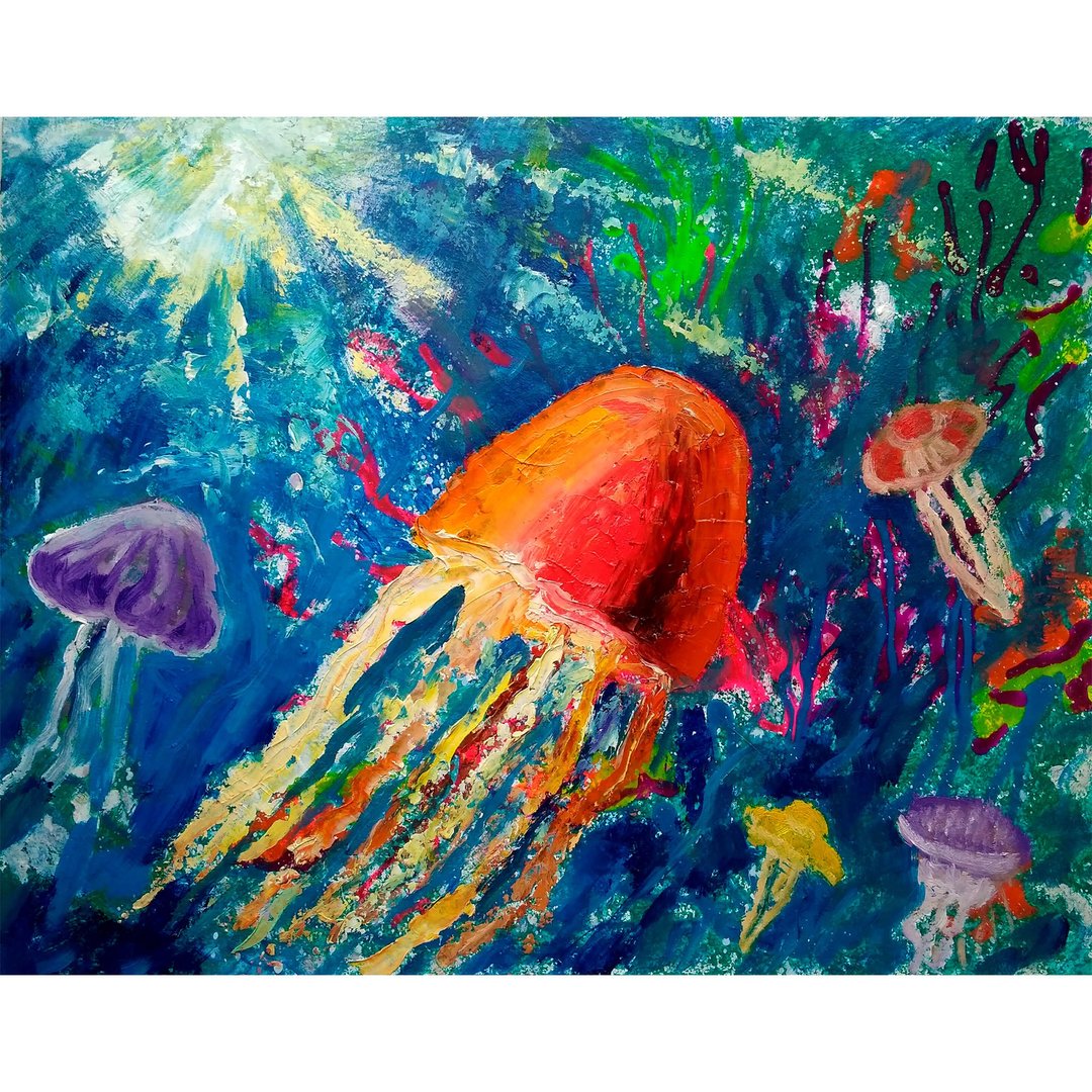 Jellyfish Original Oil Painting, Sea Animal Wall Art, Underwater Artwork - 海报/装饰画/版画 - 其他材质 多色