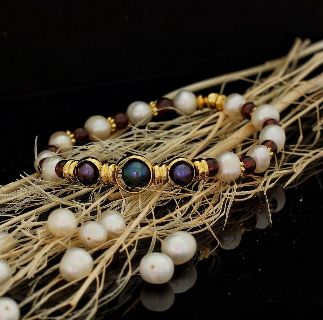18K 镀金珍珠+石榴石手链 P-1 18K GP Pearls + Garnet Bracelet - 手链/手环 - 水晶 