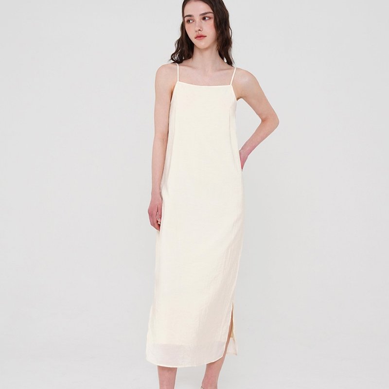 韩国姊妹情谊，皱褶细肩长洋装 - 象牙白 - 洋装/连衣裙 - 其他材质 白色