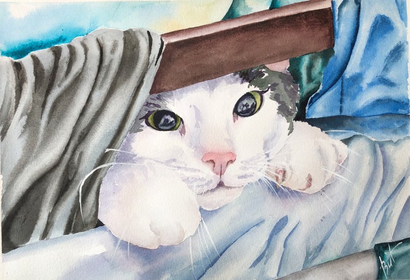 Kitten Painting Animal Original Artwork Watercolor Pet Portrait Cat Wall Art - 海报/装饰画/版画 - 纸 白色