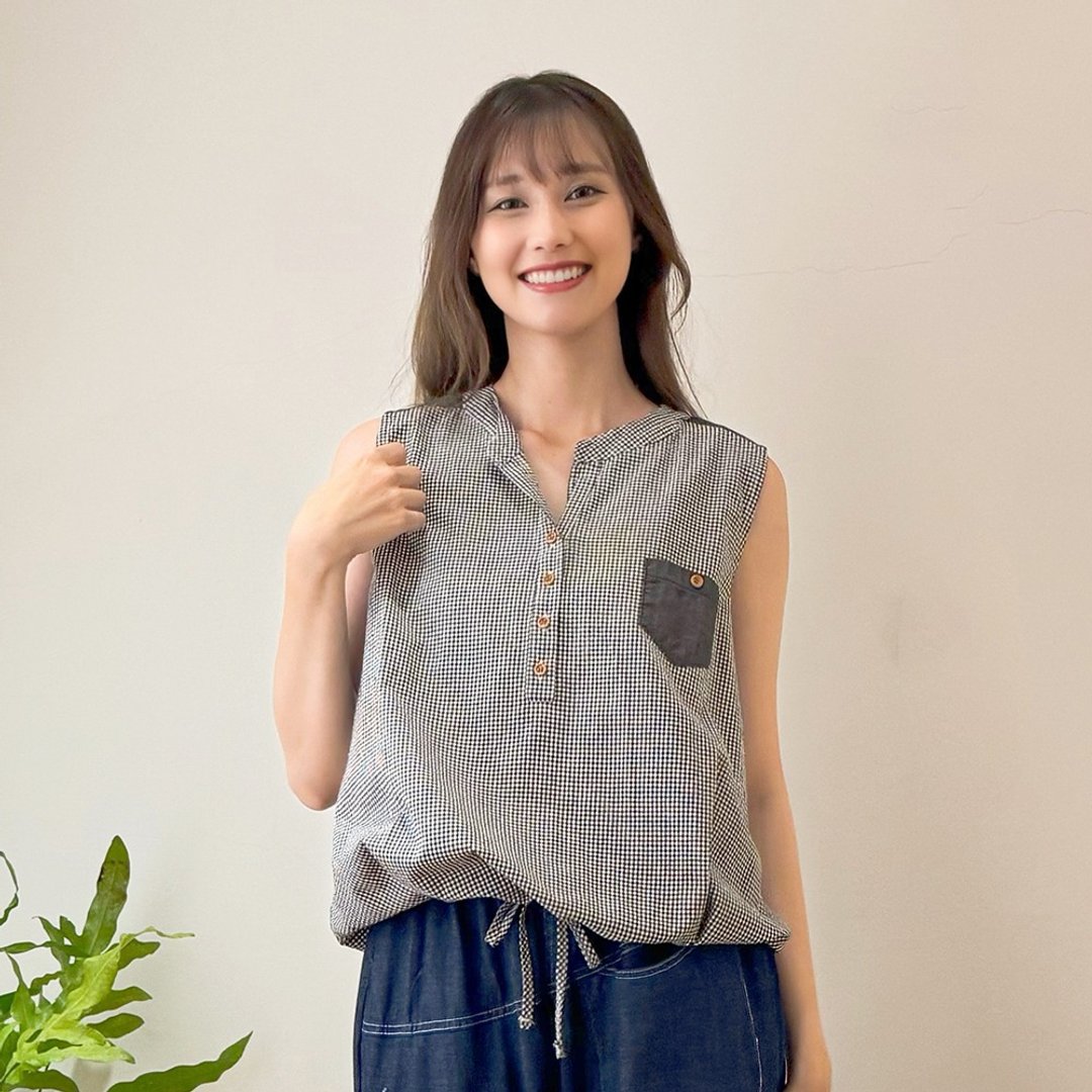 Hana Mokuba 无袖格纹绑带收口上衣 - 女装上衣 - 其他材质 