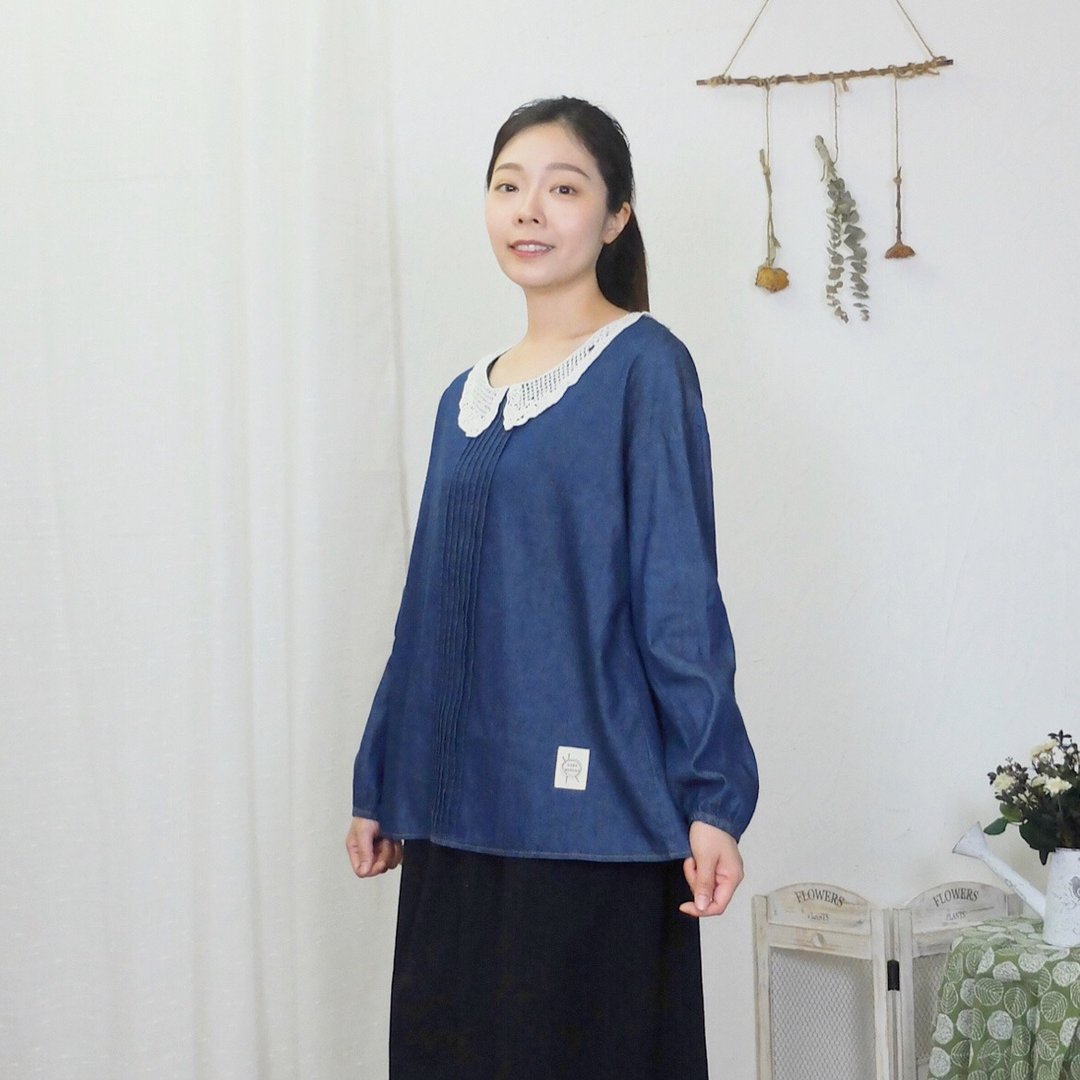 Hana Mokuba 镂空刺绣娃娃领牛仔上衣 - 女装上衣 - 棉 