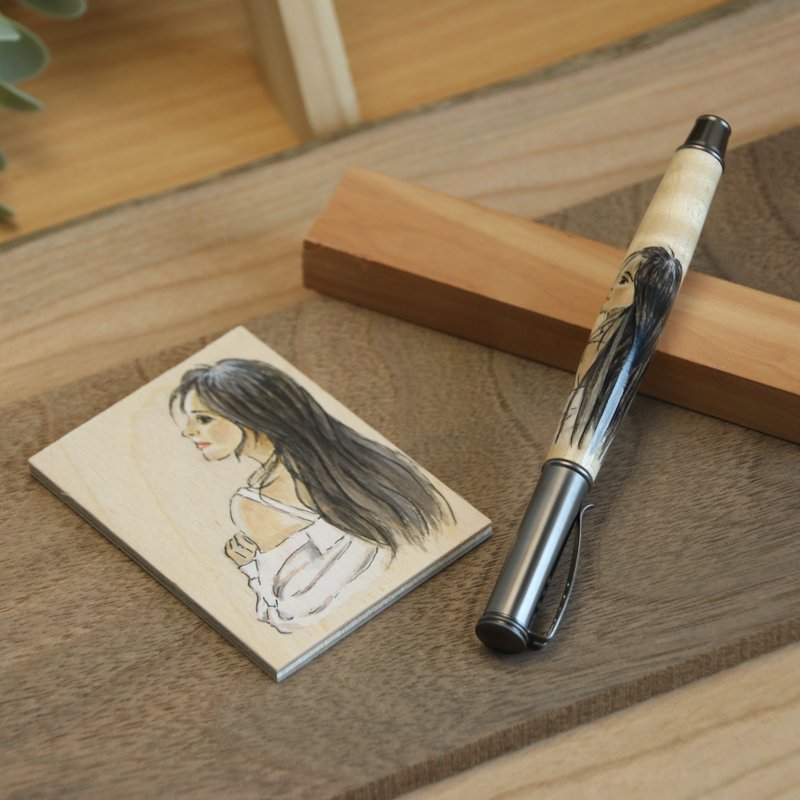 现货-水彩手绘枫木-仕女图 / 德国SCHMIDT拔盖式钢珠笔 - 钢珠笔 - 木头 咖啡色