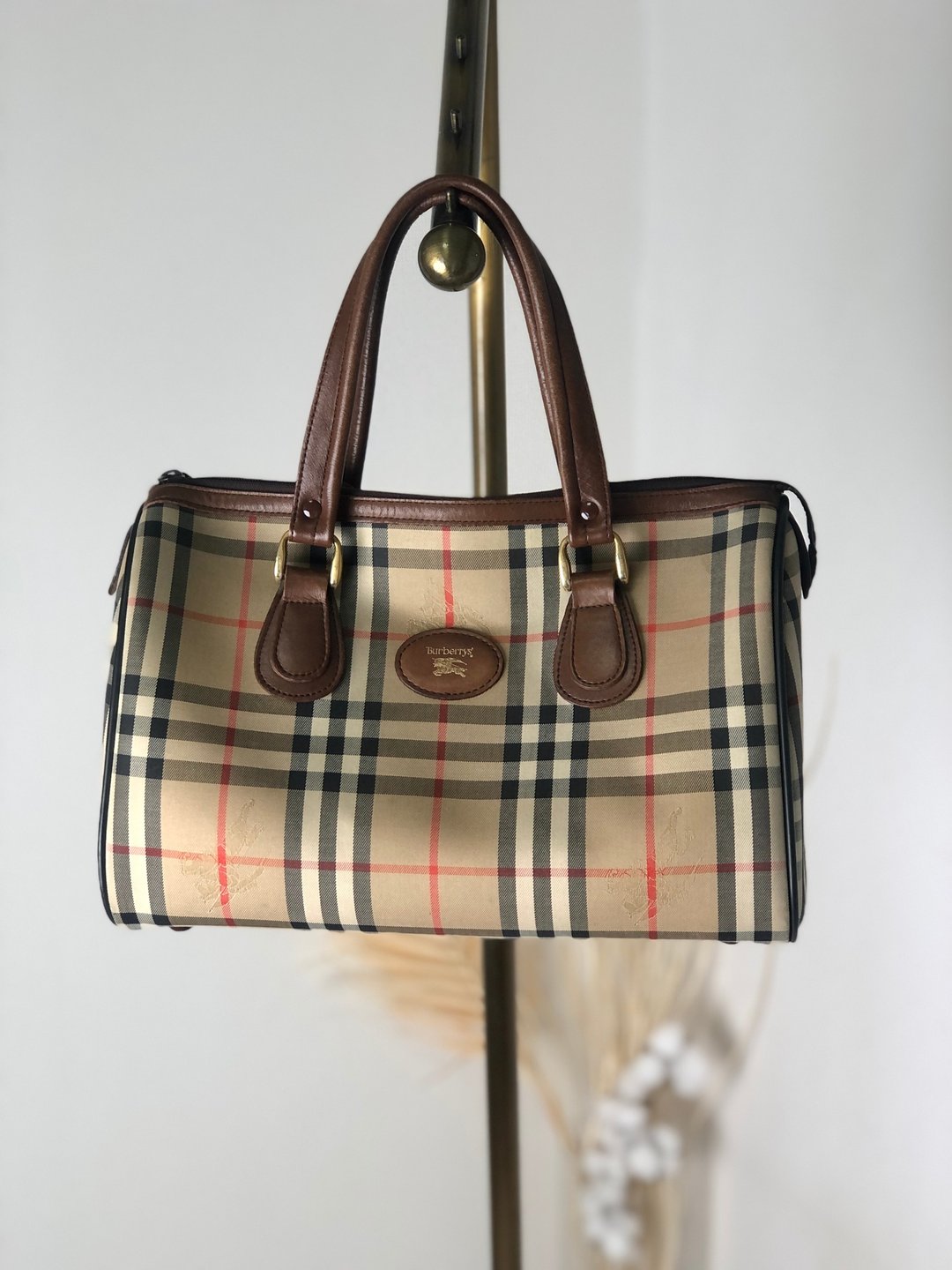 【日本直送，名牌包装】BURBERRY 经典格纹手提包 米色 x棕帆布 x 皮革波士顿包 4b8ige - 手提包/手提袋 - 真皮 咖啡色