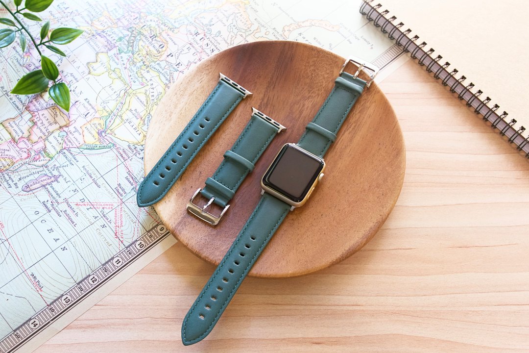 【出清福利品】意大利真皮手工表带 夜幕绿  APPLE /Garmin/22mm - 表带 - 真皮 绿色