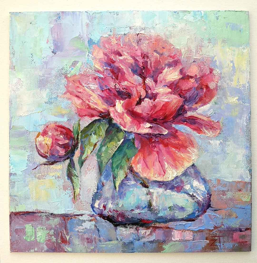 Peony Painting Original oil painting on canvas panel 25x25cm - 海报/装饰画/版画 - 颜料 