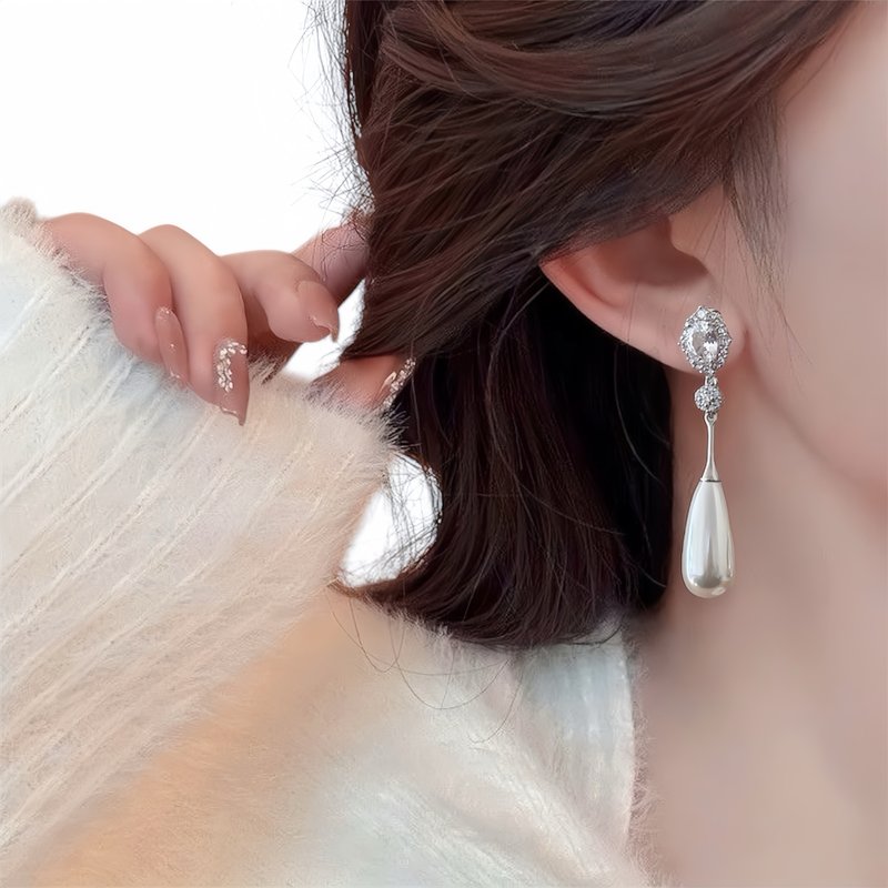 珍珠耳环、婚礼耳环、结婚耳环、婚纱耳饰、典雅配饰 - 耳环/耳夹 - 水晶 白色