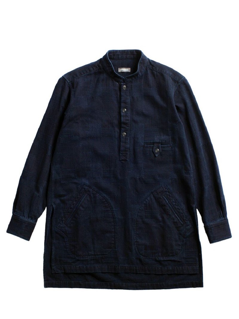 "MEDITATOR" PULL-OVER LONG SHIRT - INDIGO-DYED - 男装衬衫 - 棉．麻 蓝色