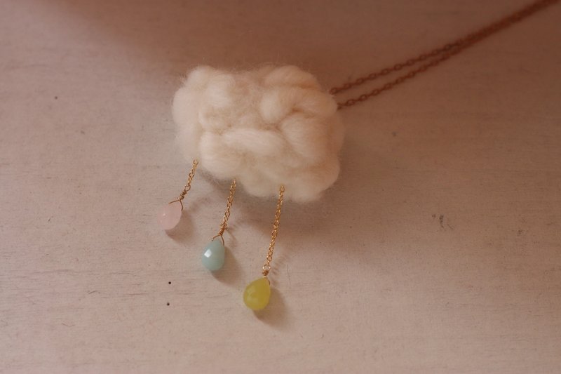 三色天然石云朵雨滴项链 粉水晶 亚马逊石 橄榄玉 需订做 - 项链 - 羊毛 白色