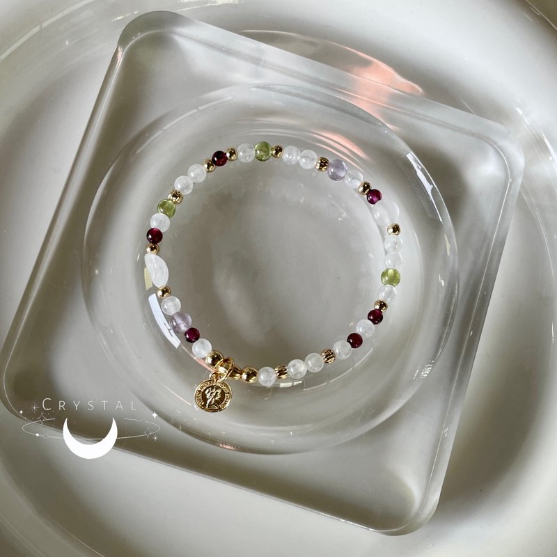 /月影密契/好运 智慧 情绪稳定紫牙乌石榴石 橄榄石 紫水晶月光石 - 手链/手环 - 水晶 白色