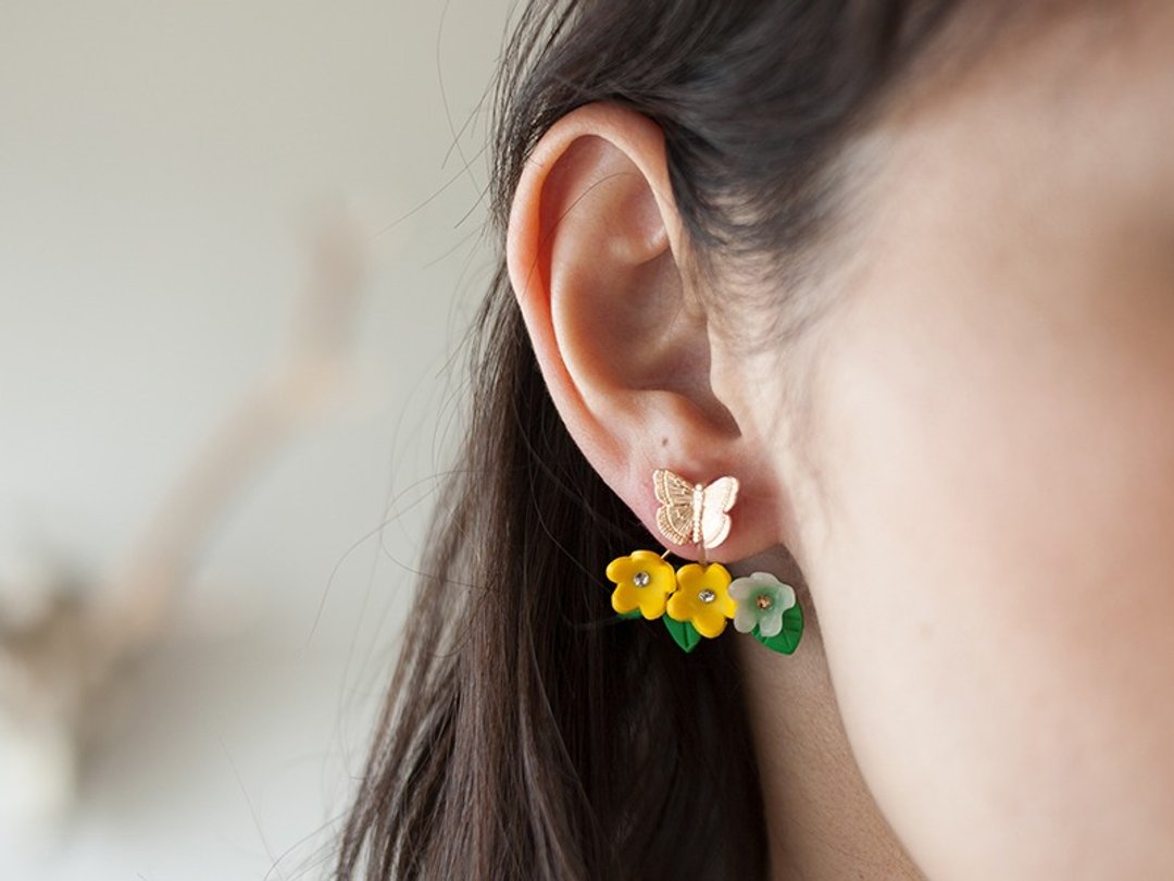 Flower field catch earrings / earrings (yellow) - 耳环/耳夹 - 粘土 黄色
